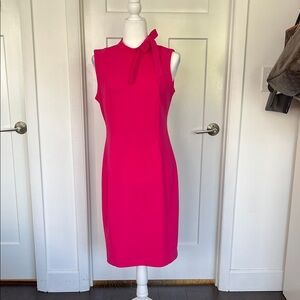 Calvin Klein Sleeveless Hot Pink Bow-Neck Sheath Midi Dress